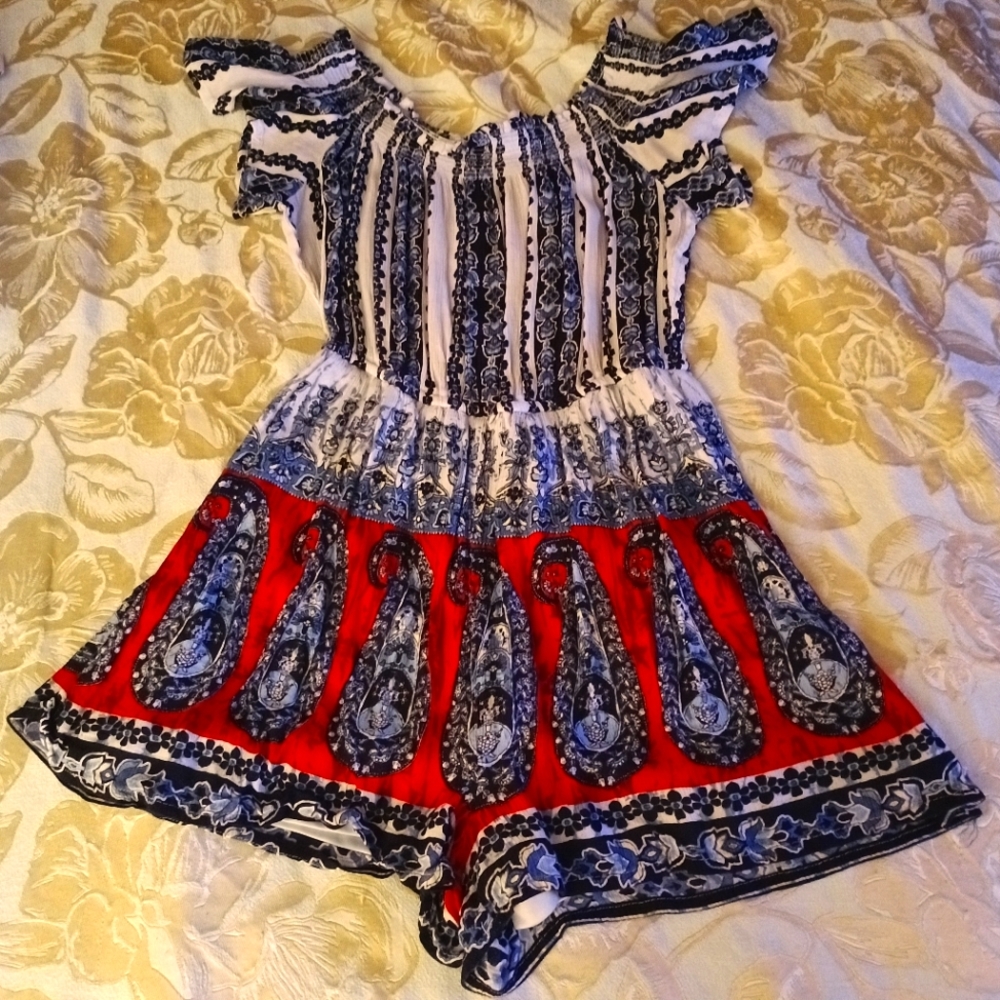 Large red white and blue shorts romper